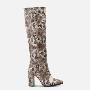 Snakeskin Knee-High Block Heel Boots - Brown